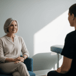 Older female patient speaking with a healthcare provider during a routine wellness visit in a medical office.