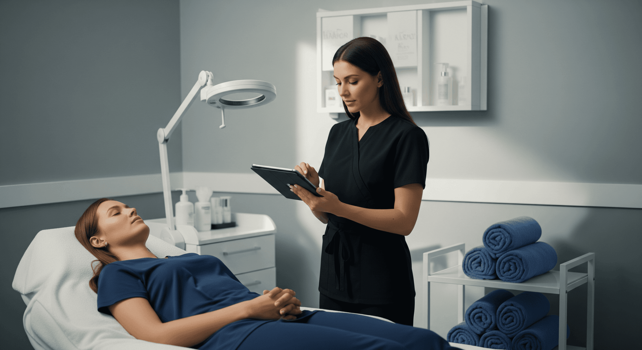 2026 03 mirabilemdcom img treatment planning appointment v1 mirabile md - medical provider reviewing patient information on a tablet while a patient lies comfortably on an exam table.