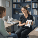 Medical provider explaining human anatomy diagram to patient during consultation.