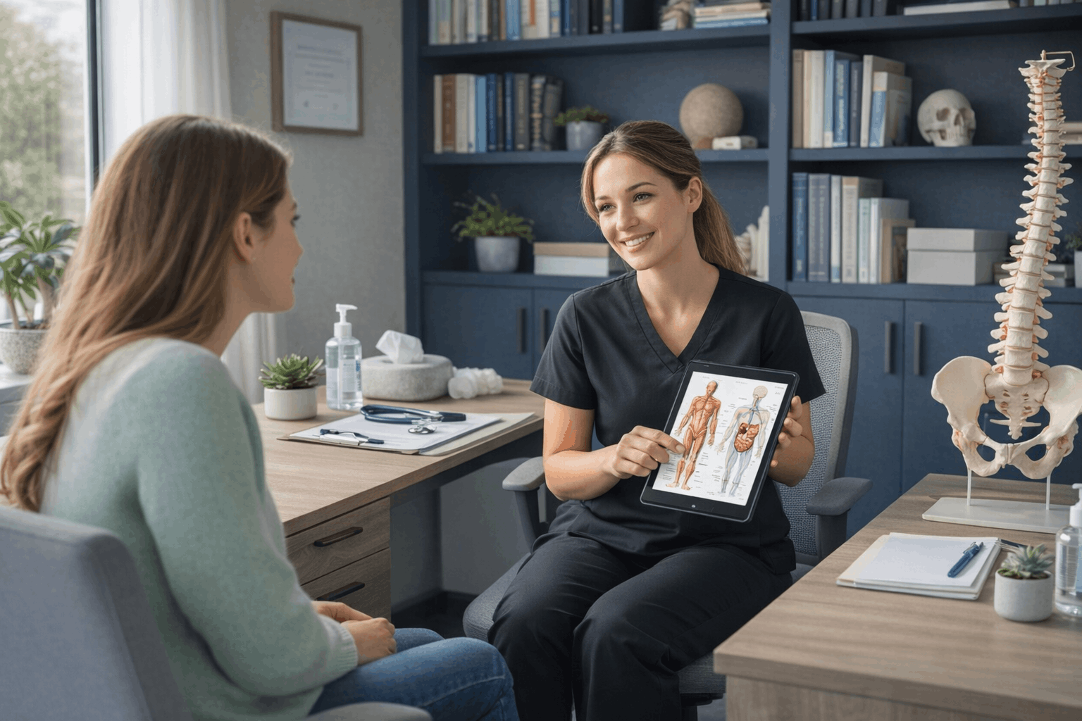 medical provider explaining human anatomy diagram to patient during consultation.