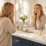 woman applying facial skincare products while looking in bathroom mirror.