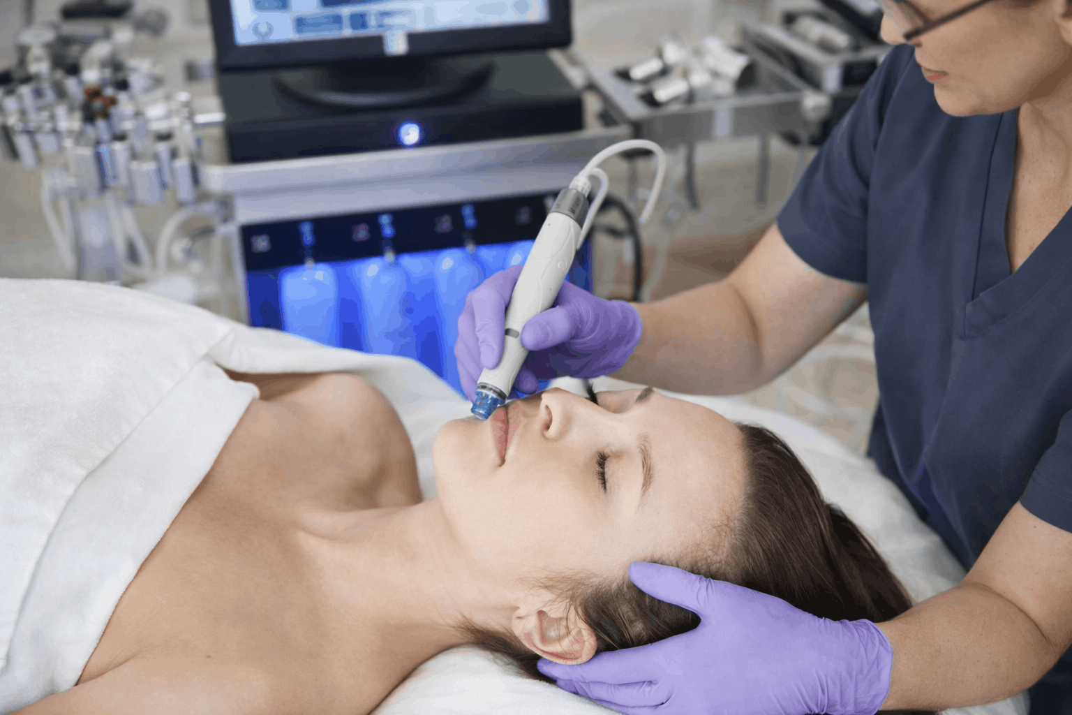 aesthetic provider performing hydrafacial skin treatment with handheld device on female patient.