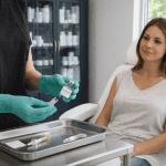 Medical professional preparing injectable treatment syringe while patient sits in treatment chair.