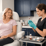 medical aesthetic provider preparing injectable treatment for patient in clinic.