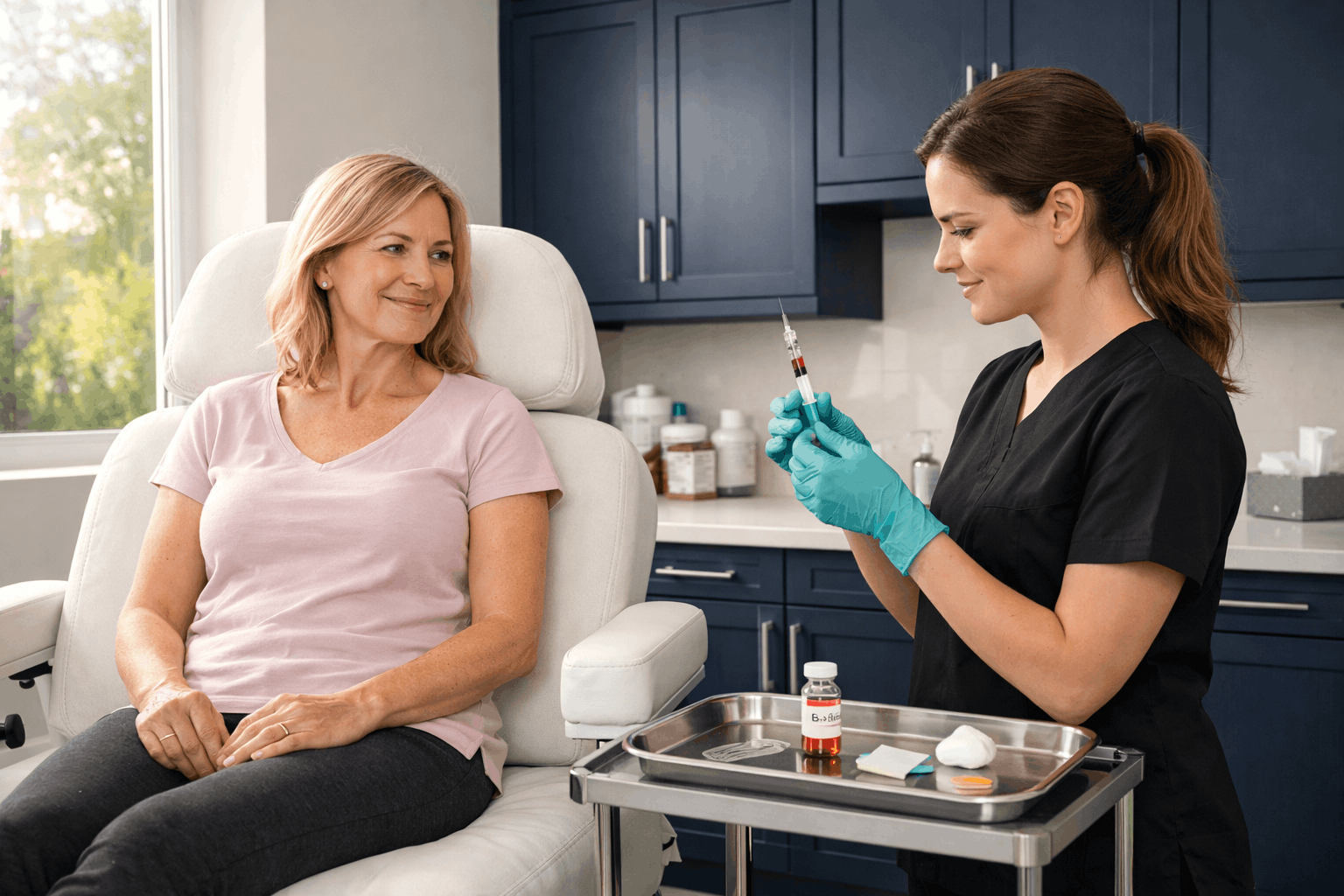 medical aesthetic provider preparing injectable treatment for patient in clinic.