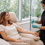 Patient receiving IV vitamin therapy treatment administered by medical professional.