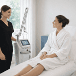 Medical spa specialist discussing laser skin treatment with patient in treatment room.