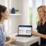 medical spa provider explaining skincare routine products on laptop during consultation.