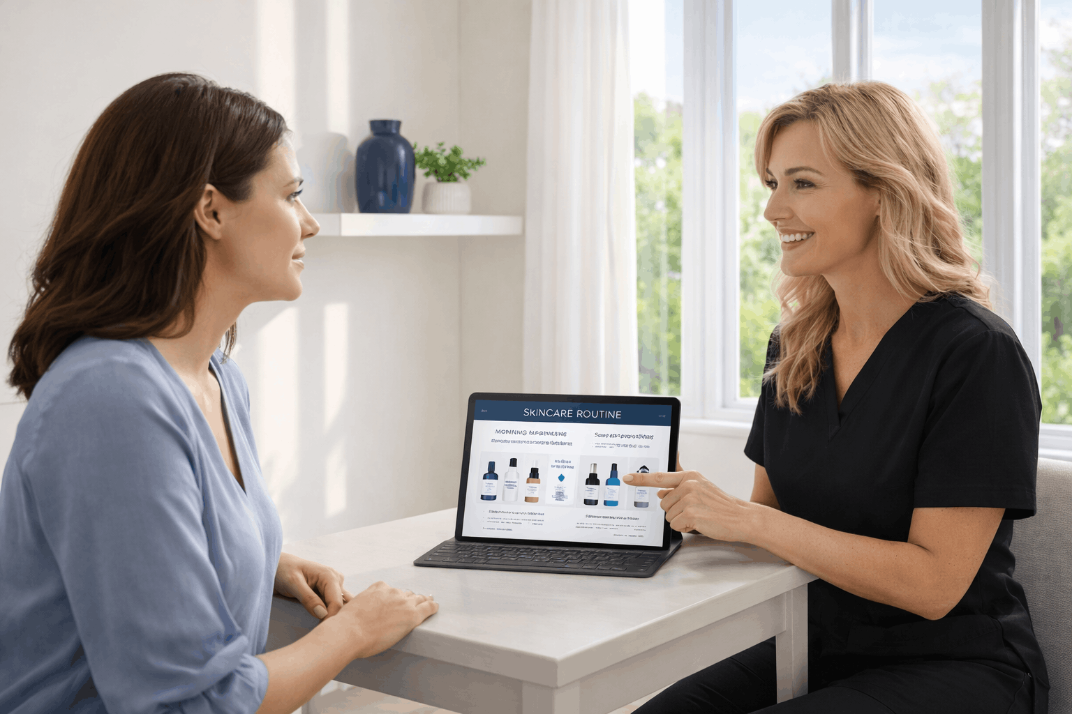medical spa provider explaining skincare routine products on laptop during consultation.
