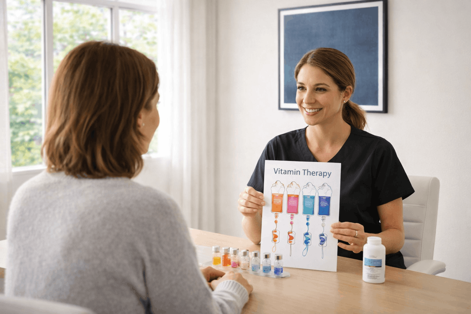 aesthetic provider presenting vitamin therapy treatment options to patient.