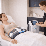 patient receiving abdominal body contouring treatment with device while provider adjusts settings