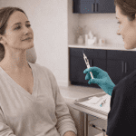 aesthetic provider holding syringe while consulting patient before facial injection