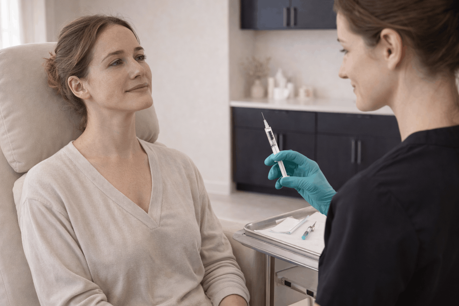aesthetic provider holding syringe while consulting patient before facial injection