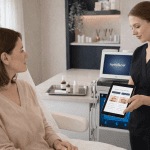 provider presenting hydrafacial treatment options on tablet during consultation
