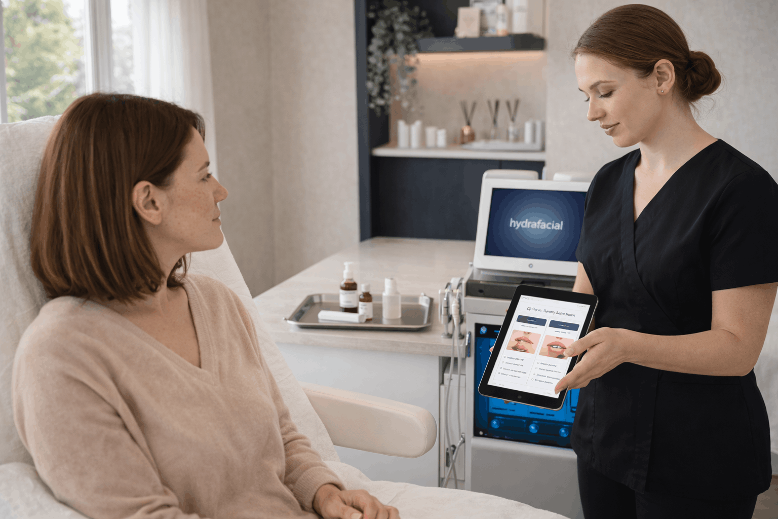provider presenting hydrafacial treatment options on tablet during consultation