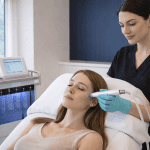 provider performing laser facial treatment on woman's cheek in medical spa