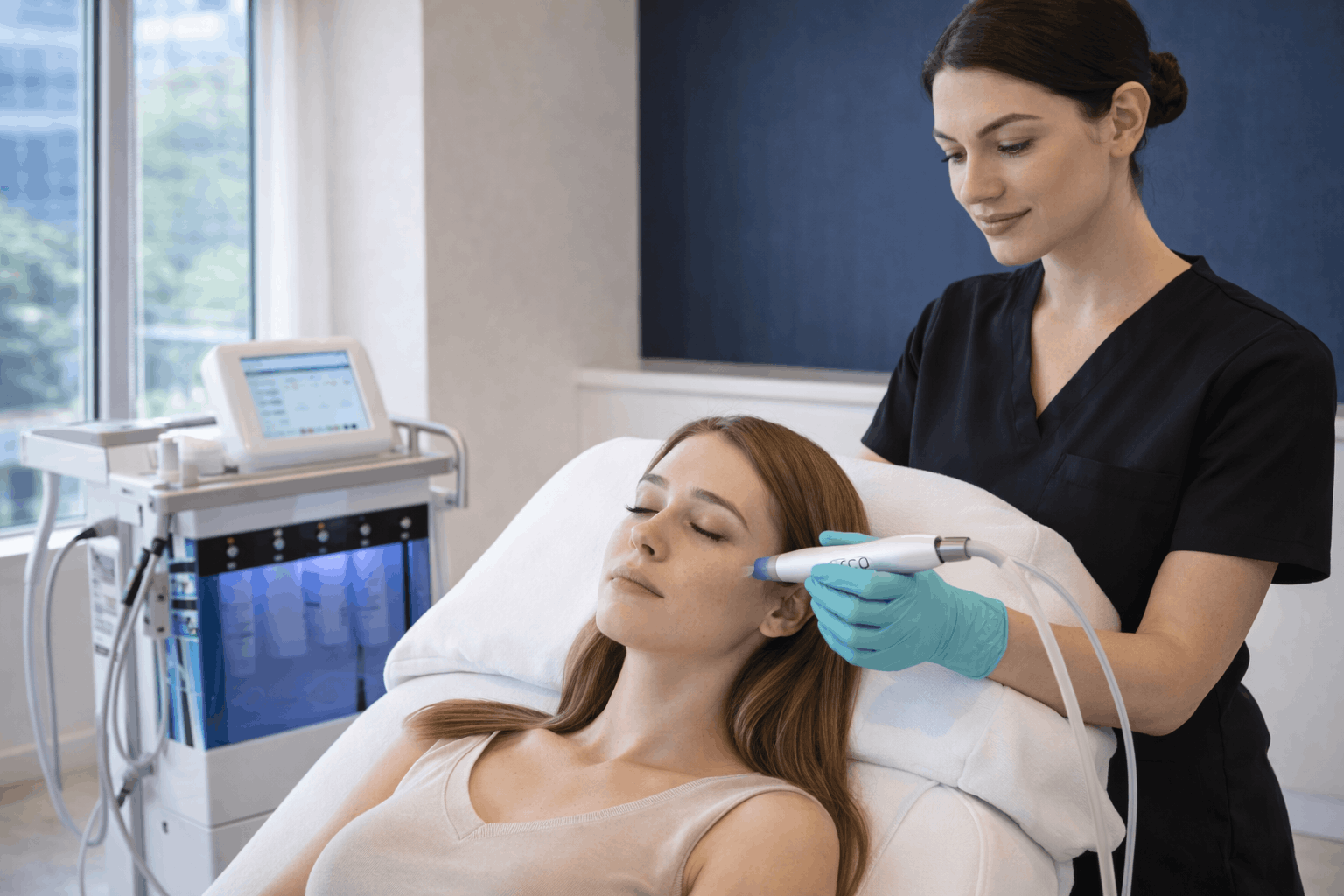 provider performing laser facial treatment on woman's cheek in medical spa