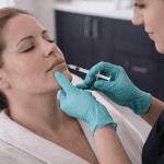 close-up of provider performing lip filler injection with syringe