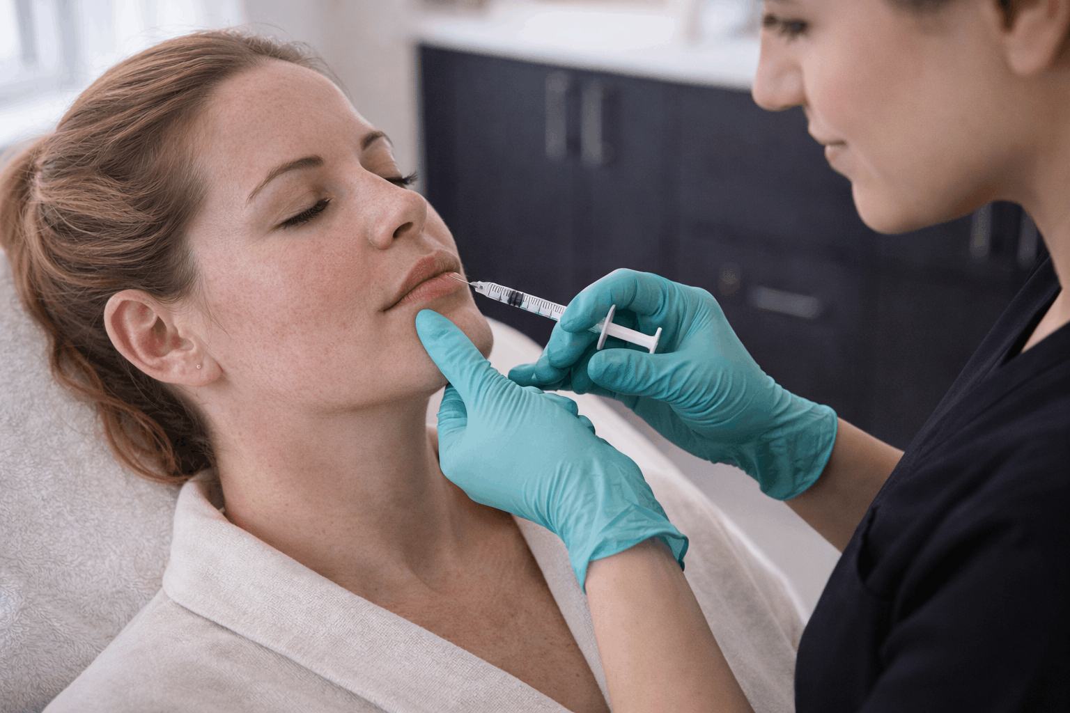 close-up of provider performing lip filler injection with syringe
