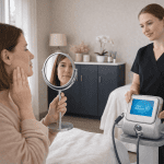 patient examining skin in mirror while provider presents skincare device
