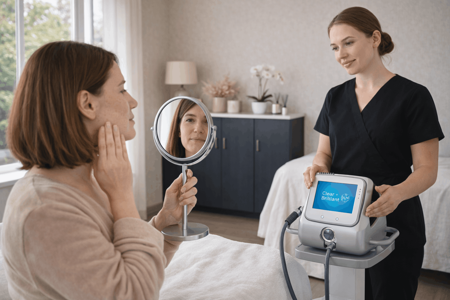 patient examining skin in mirror while provider presents skincare device