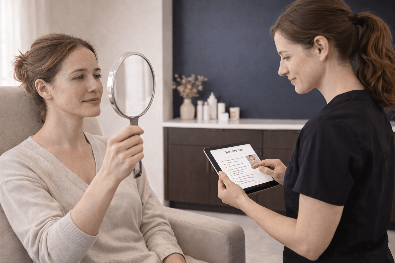 patient holding mirror while provider reviews personalized skincare plan on tablet