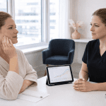 provider discussing skin treatment progress with patient using tablet chart