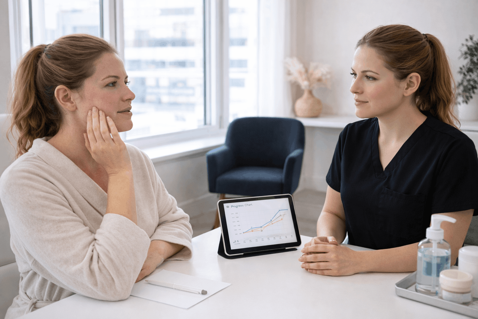 provider discussing skin treatment progress with patient using tablet chart