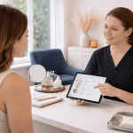 provider showing skincare treatment options on tablet during consultation with patient