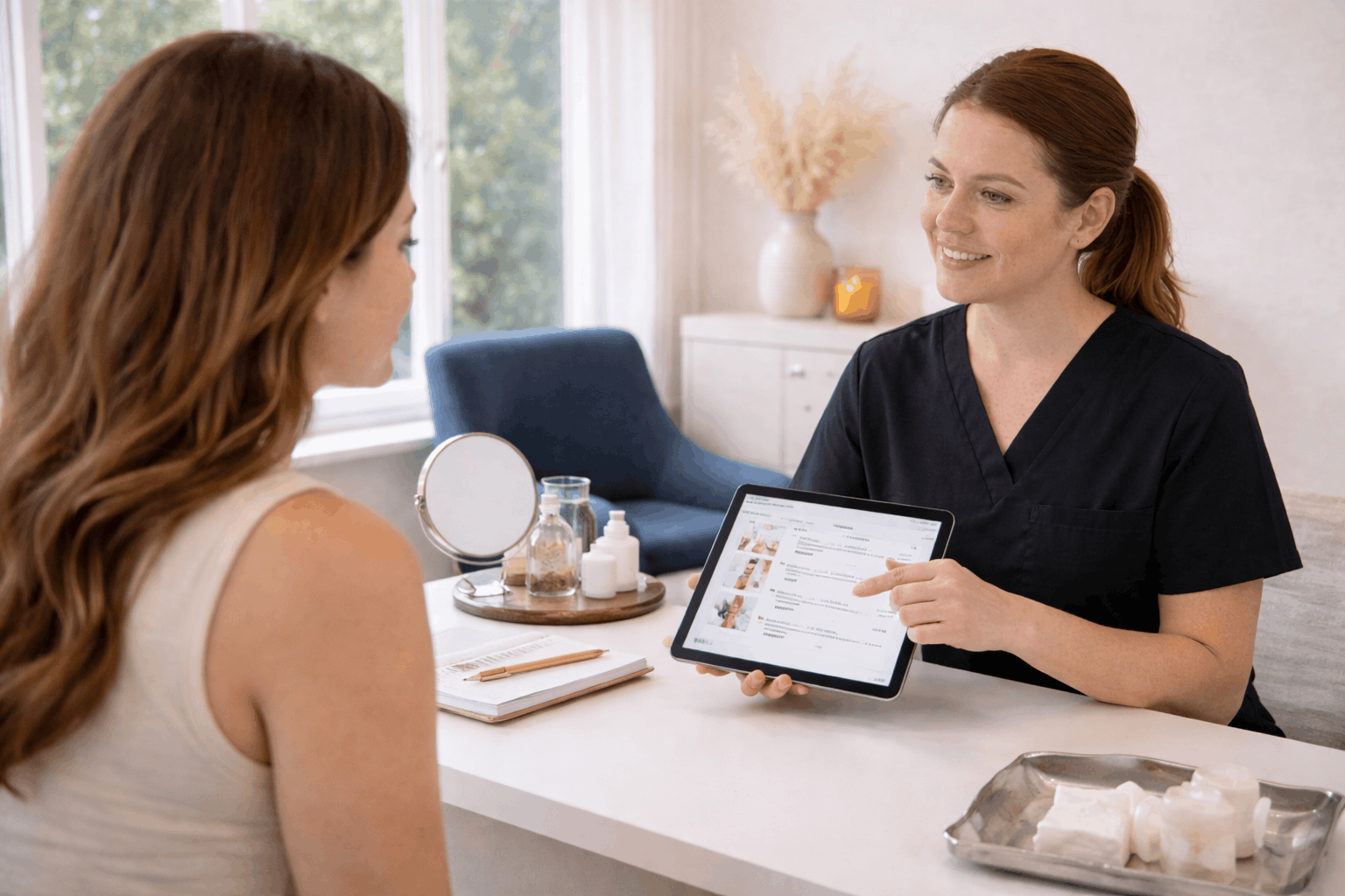 provider showing skincare treatment options on tablet during consultation with patient