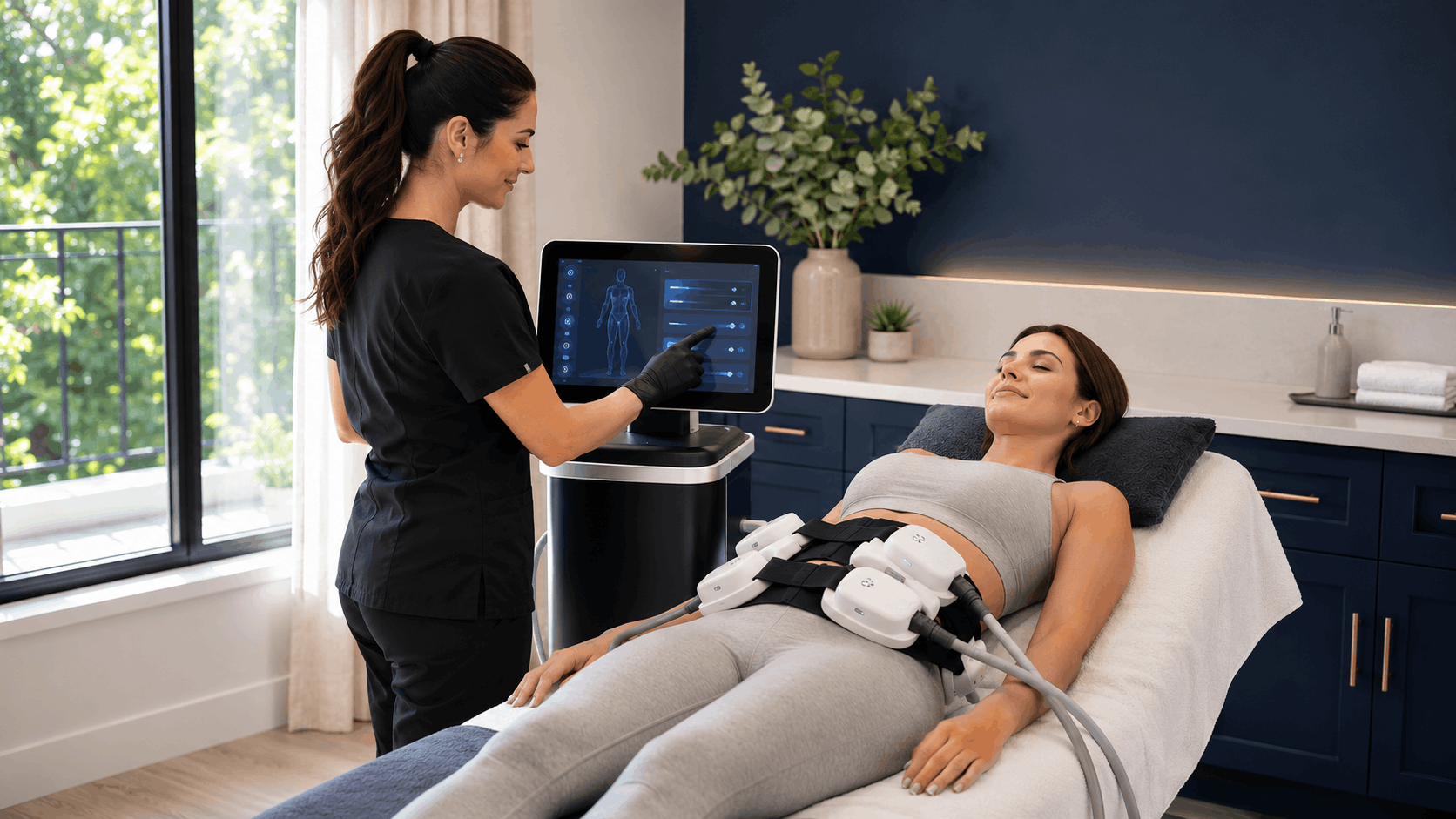 2026 06 mirabilemdcom img body sculpting session v1 mirabile md - patient receiving body sculpting treatment with advanced contouring technology and monitoring screen.