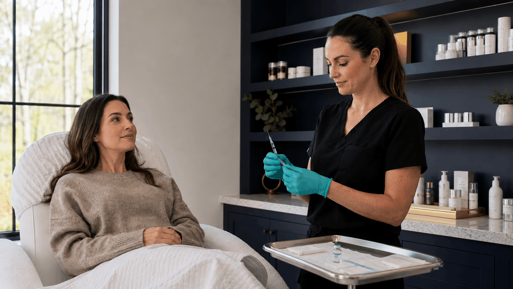 medical aesthetic provider preparing injectable treatment while patient relaxes in treatment chair.