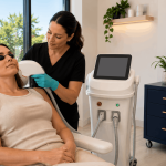 provider administering laser facial treatment while patient wears protective eyewear.