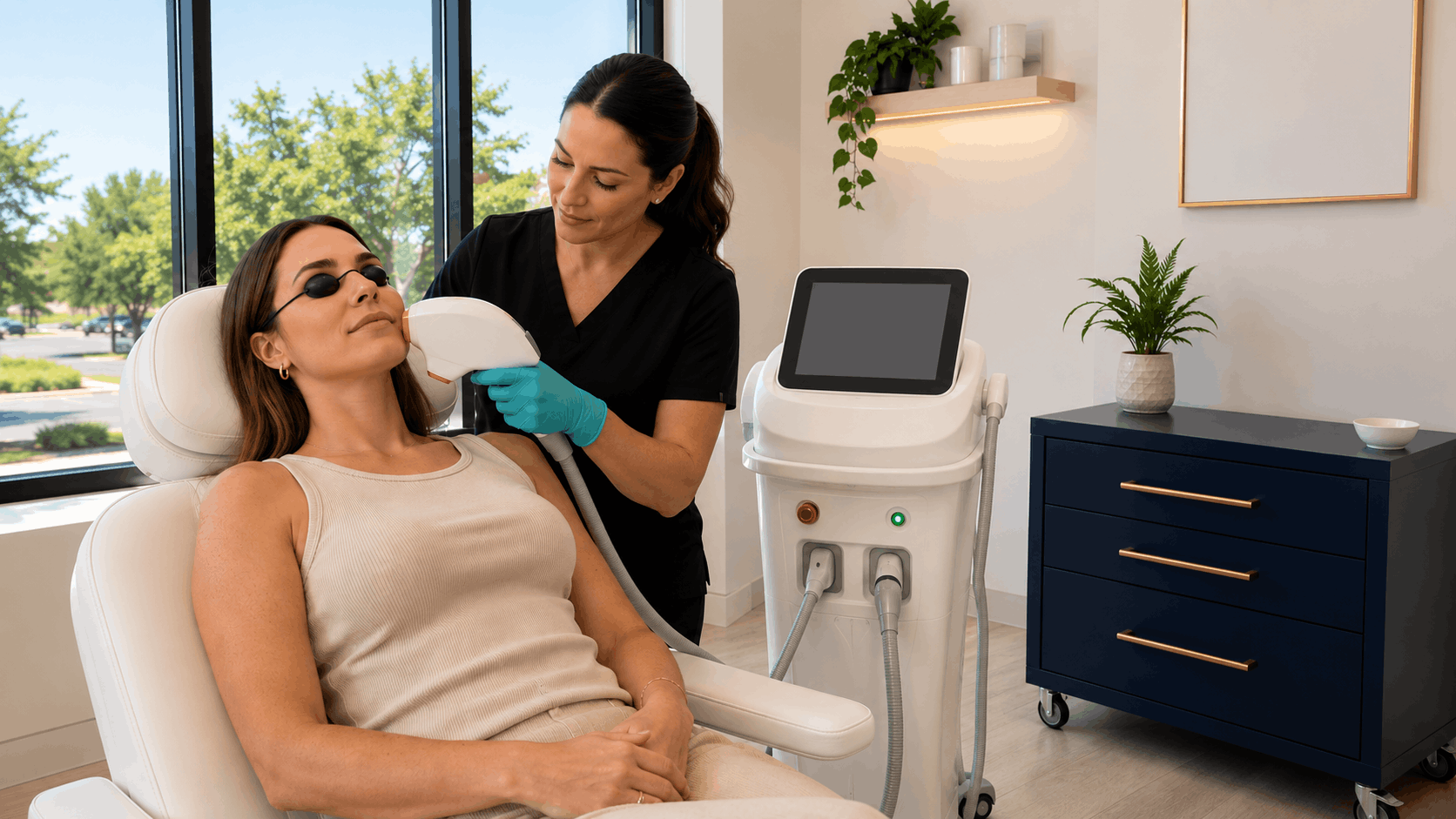 provider administering laser facial treatment while patient wears protective eyewear.