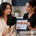aesthetic provider showing lip enhancement options to patient using tablet and mirror.