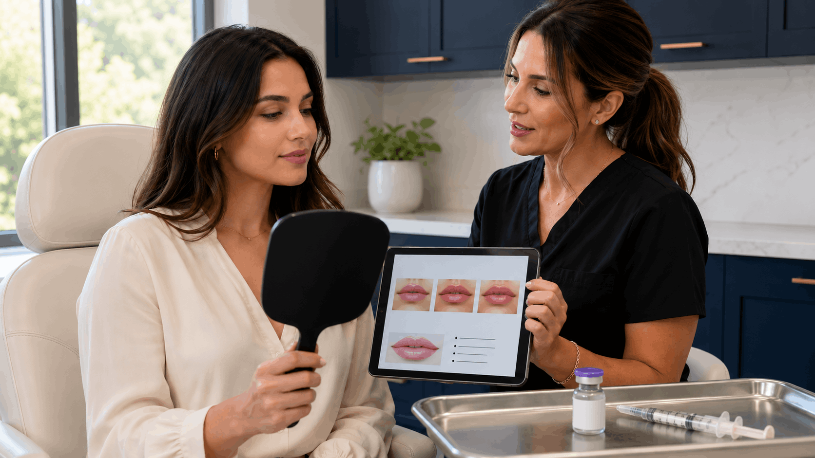 aesthetic provider showing lip enhancement options to patient using tablet and mirror.