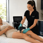 provider performing morpheus8 body contouring treatment on patient’s upper thigh in a modern medical spa.