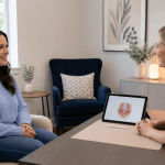 provider consulting with patient about pelvic health treatment using anatomical tablet illustration.