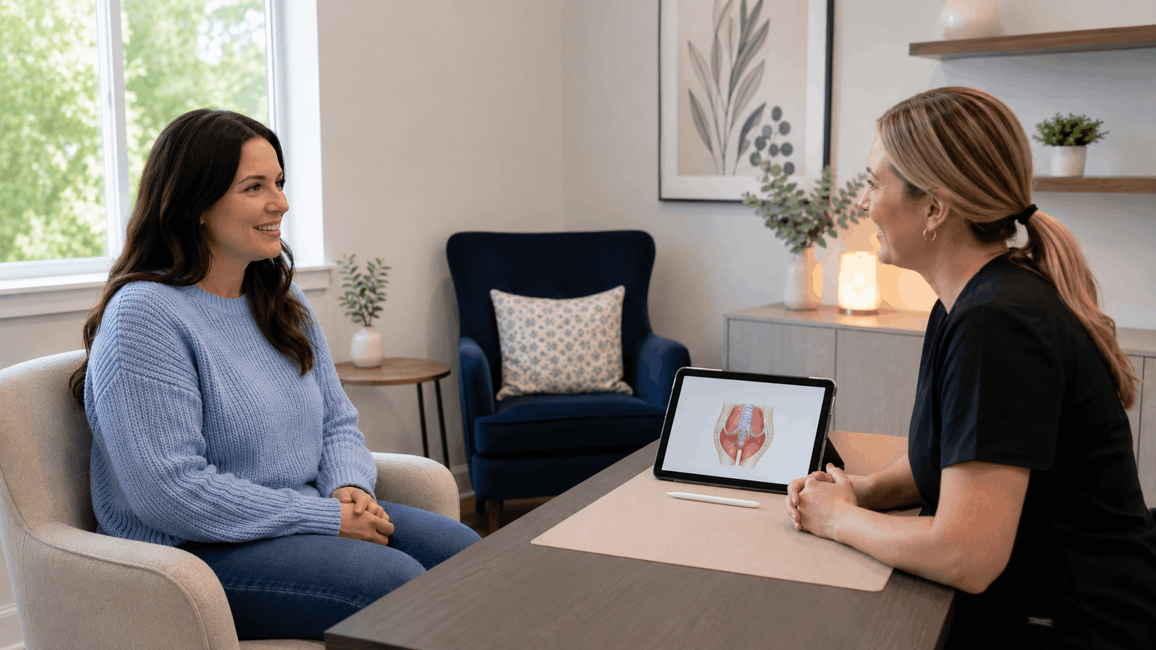2026 06 mirabilemdcom img pelvic health consultation v1 mirabile md - provider consulting with patient about pelvic health treatment using anatomical tablet illustration.
