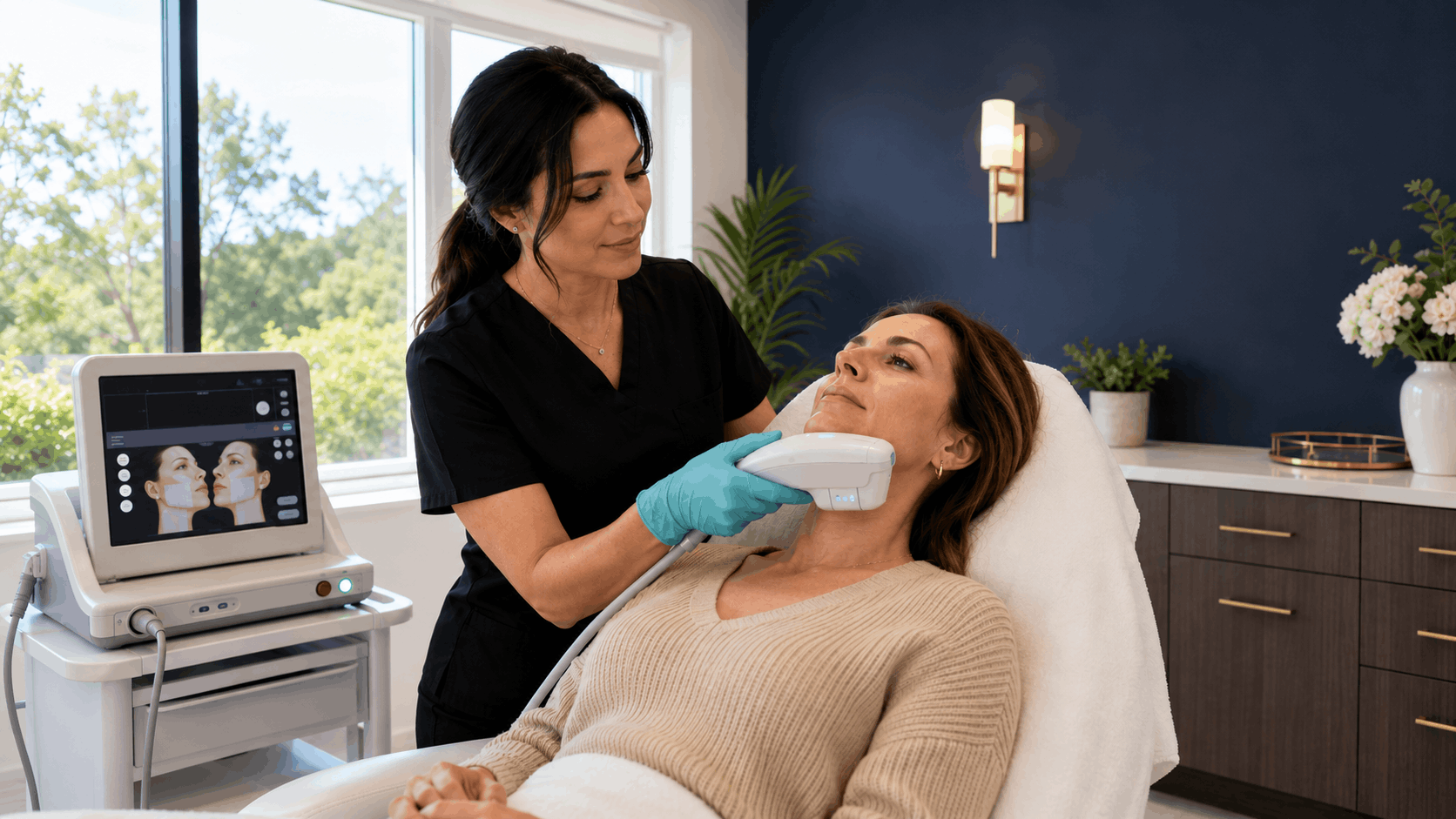 provider performing non-invasive skin tightening treatment on patient’s jawline and neck.