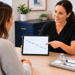 2026 06 mirabilemdcom img weight loss progress consultation v1 mirabile md - provider showing patient weight loss progress chart during wellness consultation.