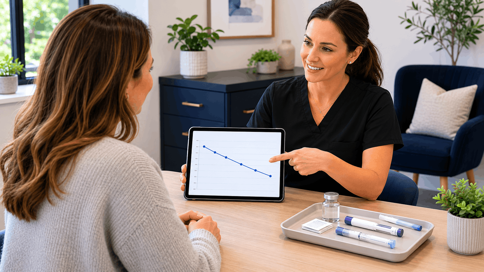 provider showing patient weight loss progress chart during wellness consultation.