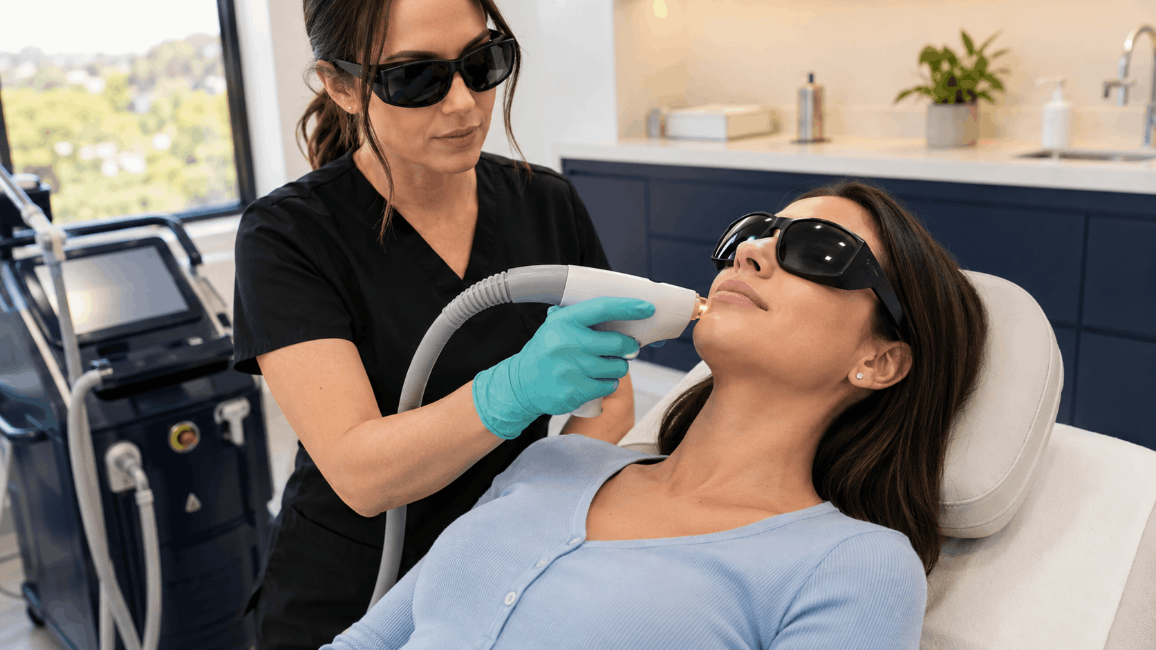 2026_07_mirabilemd.com_img_laser_facial_treatment_v1 mirabile md - provider performs a laser facial treatment on a patient wearing protective eyewear in a medical spa setting.