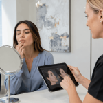 2026 07 mirabilemdcom img cosmetic consultation mirror v1 mirabile md - patient examines her lips in a mirror while reviewing treatment images with an aesthetic provider.