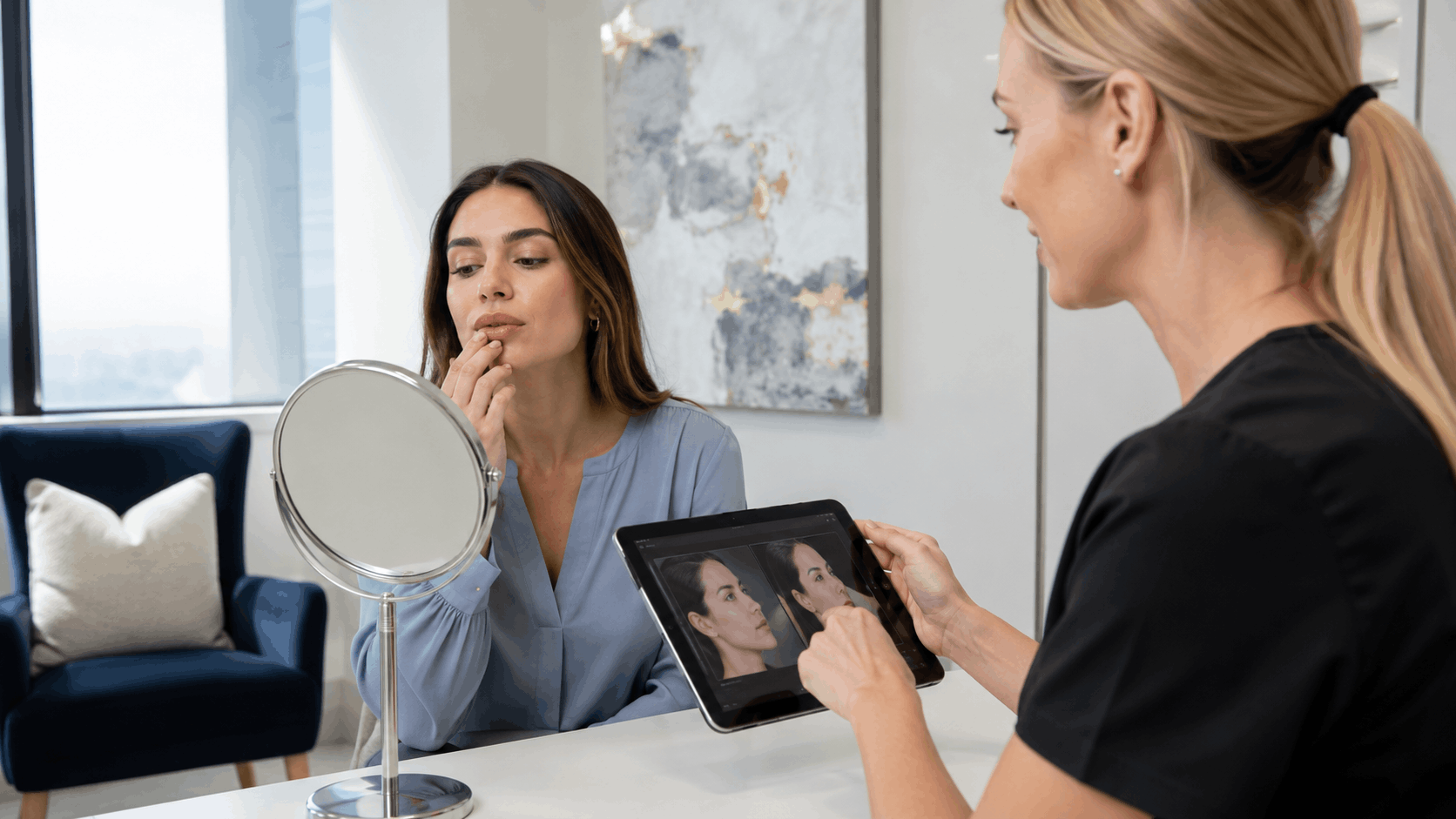 2026 07 mirabilemdcom img cosmetic consultation mirror v1 mirabile md - patient examines her lips in a mirror while reviewing treatment images with an aesthetic provider.