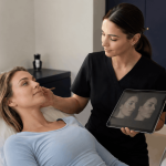 2026 07 mirabilemdcom img facial analysis review v1 mirabile md - provider reviewing facial analysis images on a tablet with a patient during an aesthetic consultation.