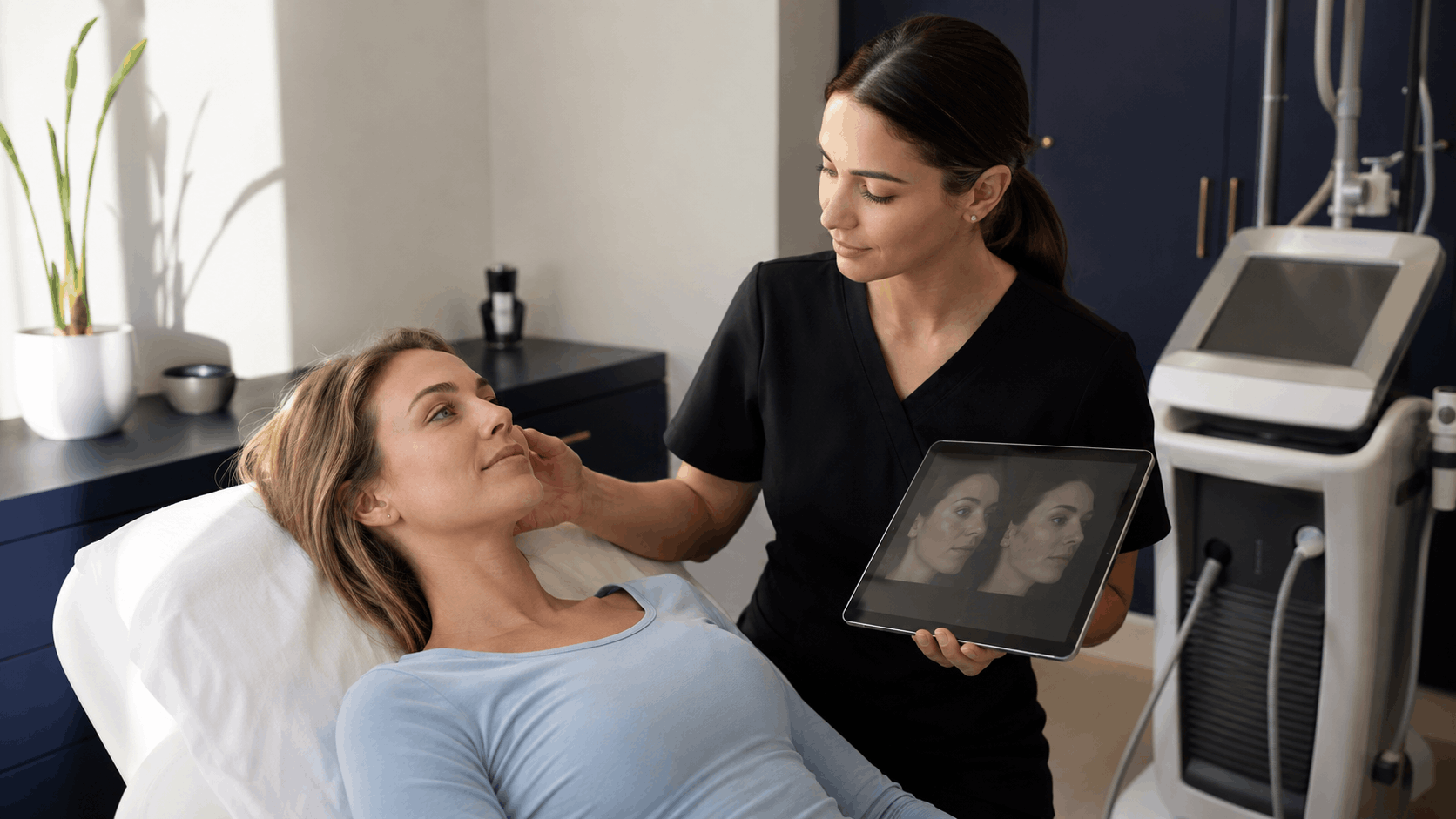 2026 07 mirabilemdcom img facial analysis review v1 mirabile md - provider reviewing facial analysis images on a tablet with a patient during an aesthetic consultation.