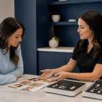 provider discusses facial treatment areas with a patient while displaying injectable options and facial diagrams.