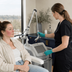 2026 07 mirabilemdcom img laser skin consultation v1 mirabile md - patient with facial redness consults with a provider beside a laser treatment device in a medical aesthetics clinic.