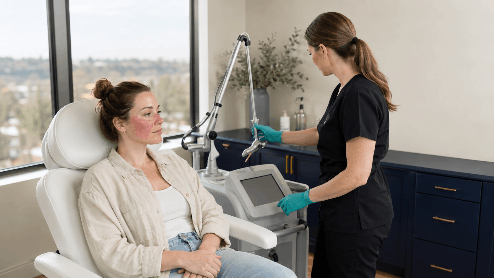 2026 07 mirabilemdcom img laser skin consultation v1 mirabile md - patient with facial redness consults with a provider beside a laser treatment device in a medical aesthetics clinic.